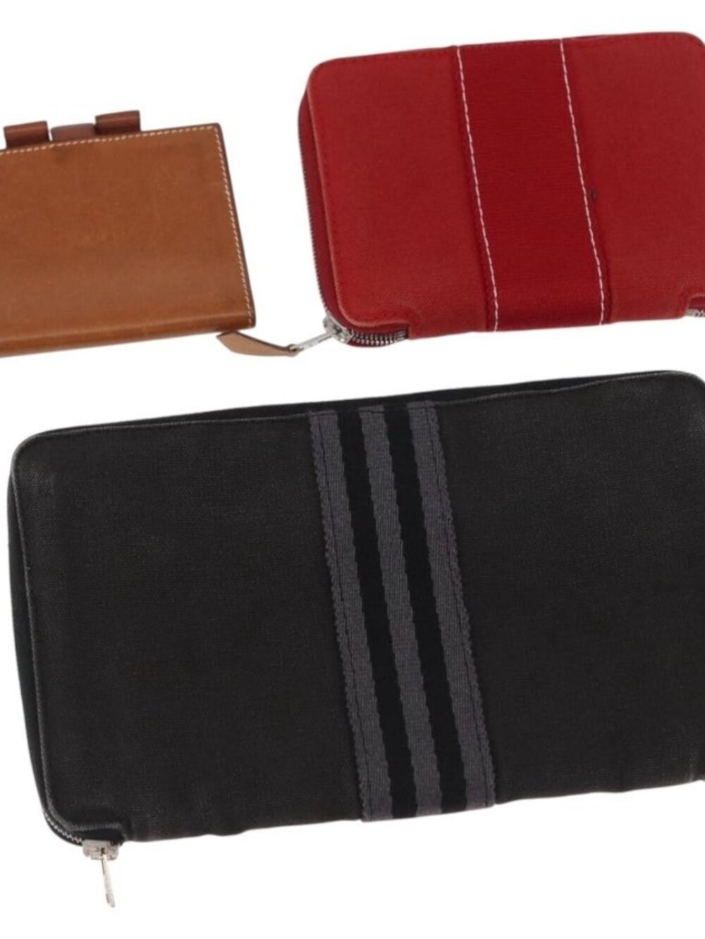 HERMES Wallet Canvas Leather 3 Set Brown Orange gray Auth bs31477